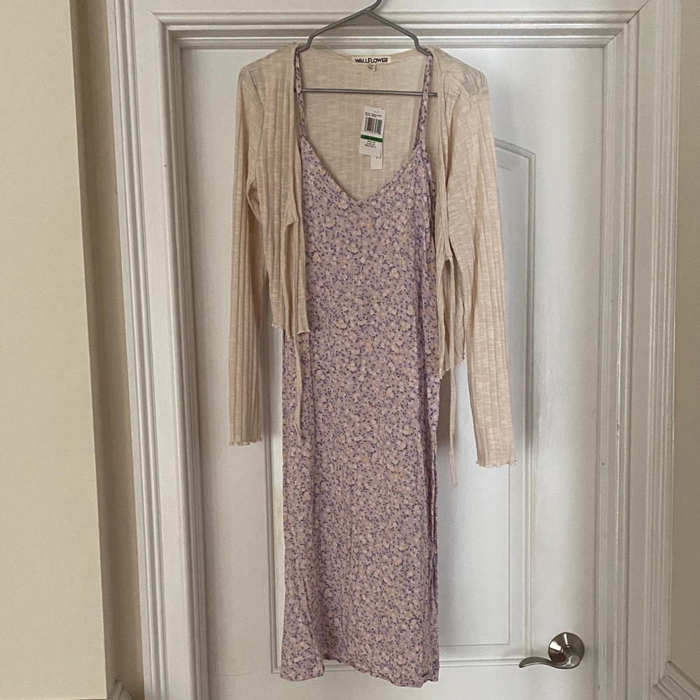Wallflower Lavender Floral Slip Dress with Cream Cardigan